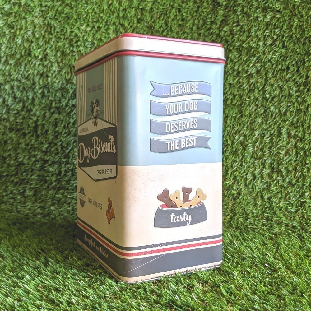 arge dog biscuit tin, retro design, side view