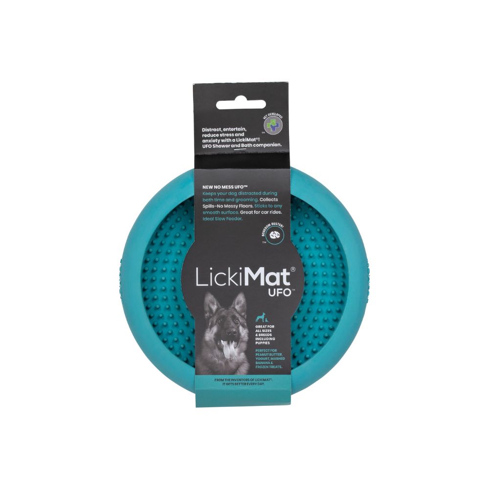Lickimat UFO enrichment feeding bowl turquoise in retail packaging