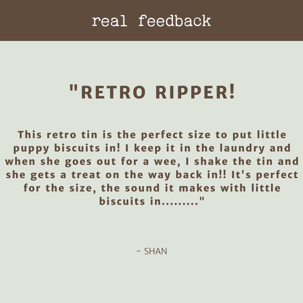 product review testimonial retro dog treat tin bonza dog treats